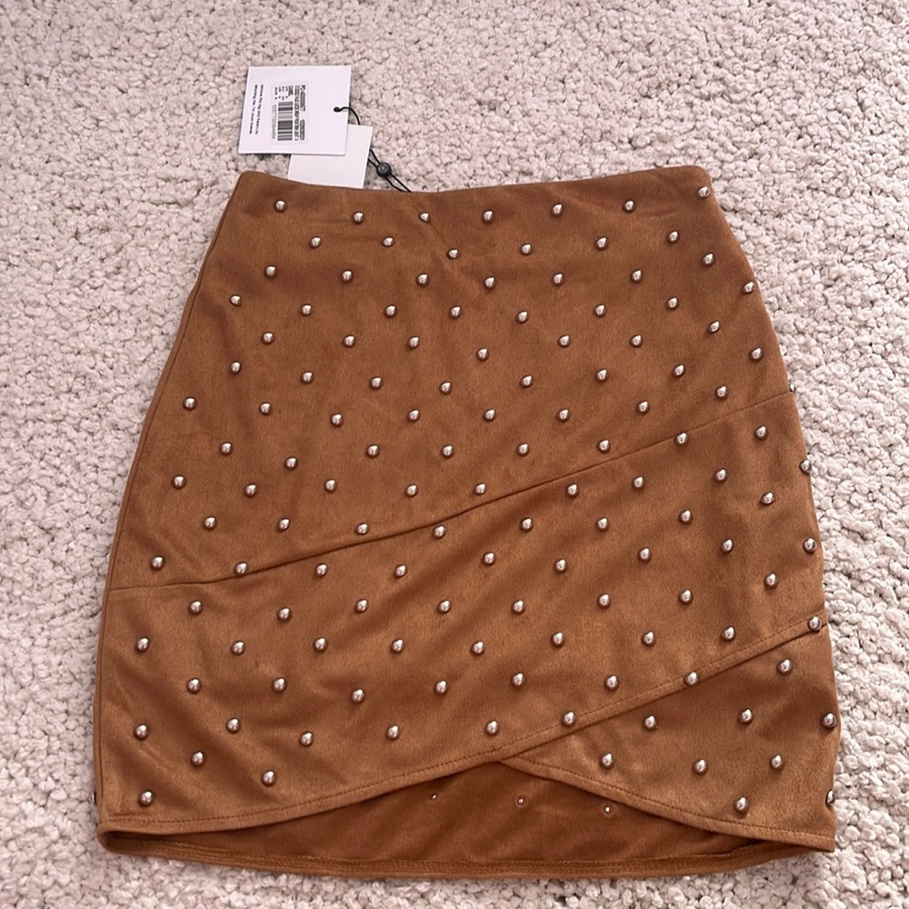 Missguided Camel Studded Faux Suede Wrap Front Mini Skirt